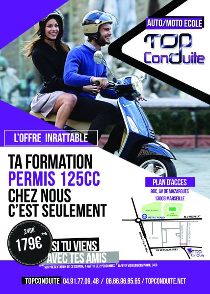Permis moto 125 cc et scooter 125 cc avec Top Conduite Marseille Saint Giniez 13008